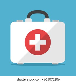 White First Aid Kit Isolated On Blue Background. Health, Help And Medical Diagnostics Concept. Flat Design