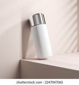 White flacon bottle with abstract shadow on light sand podium. Concept of perfume and cosmetics. Mockup for product display. 3D rendering - Powered by Shutterstock