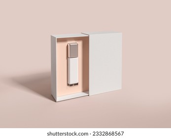 White flacon lying in blank open box on pink background. Fragrance and spray. Concept of skin, beauty care and cosmetic. Mockup for product display. 3D rendering illustration - Powered by Shutterstock