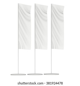 White Flag Blank Expo Banner Stand. Trade show expo booth. 3d render illustration isolated on white background. Template mockup for your expo design.