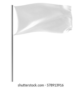 White Flag On Flagpole Flying In The Wind Empty Mock-up, Flag Isolated On White Background. Blank Mock-up For Your Design Projects, 3d Rendering