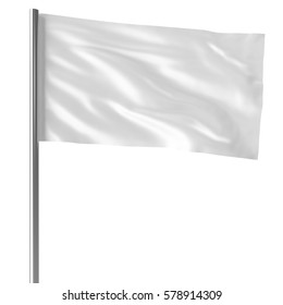 White Flag On Flagpole Flying In The Wind Empty Mock-up, Flag Isolated On White Background. Blank Mock-up For Your Design Projects, 3d Rendering