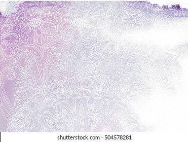 White floral zentangle pattern on light lilac aquarelle background