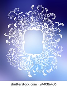 White Flower Border On A Fancy Text Box Design On A Blurred Blue And Purple Background.