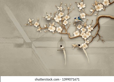 White Flower Tree Branch With Bird  3D Wall Art