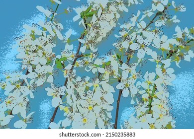 White Flowers Of Bird Cherry On A Blue Background. Bright Card For The Holiday Or Invitation. Spring Time. Abstract Illustration. Gentle Spring Blur. Many Flowers On The Branches