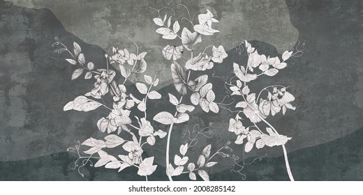 White Flowers. Graphic Pea Flowers Painted On A Dark Grey Concrete Grunge Wall. Floral Background In Loft, Modern Style. Design For Wall Mural, Card, Postcard, Wallpaper, Photo Wallpaper.