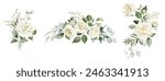 White flowers and green eucalyptus leaves watercolor illustration isolated on white background. Creamy roses bouquets, wedding florals