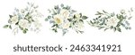 White flowers and green eucalyptus leaves watercolor illustration isolated on white background. Creamy roses bouquets, wedding florals