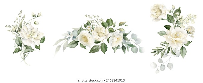 White flowers and green eucalyptus leaves watercolor illustration isolated on white background. Creamy roses bouquets, wedding florals - Powered by Shutterstock