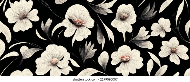 White Flowers On Black Background, Simplistic Floral Design Inspired By Kenzo Flowers, Japanese Aesthetic Patterns, Textured Wallpaper