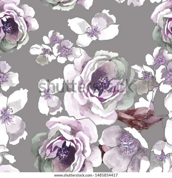 White Flowers Roses Watercolor On Grey Stock Illustration 1485854417