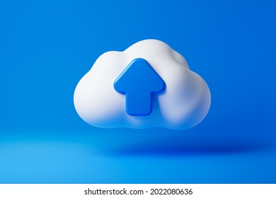 White fluffy cloud with upload icon isolated over blue background. 3D rendering.