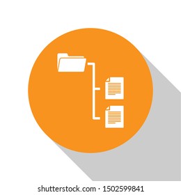 White Folder Tree Icon Isolated On White Background. Computer Network File Folder Organization Structure Flowchart. Orange Circle Button. Flat Design