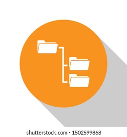 White Folder Tree Icon Isolated On White Background. Computer Network File Folder Organization Structure Flowchart. Orange Circle Button. Flat Design