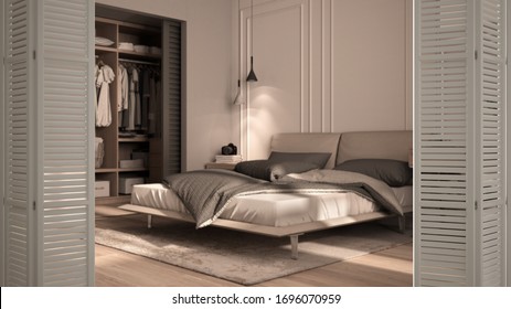 White Folding Door Opening On Classic Bedroom In Beige Tones With Walk-in Closet, Double Bed With Duvet And Pillows, Interior Design, Architect Designer Concept, Blur Background, 3d Illustration