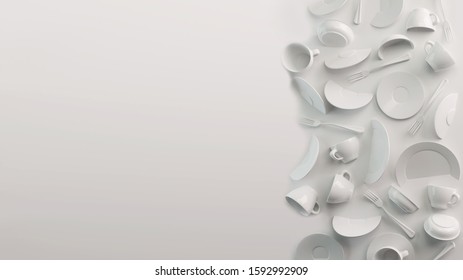 White Food background concept for design menu restaurant or cafe. Copy space for your logo. Food flyer. Ceramic Plates and Dishes. White coffee mugs and saucers on a white background. 3d render