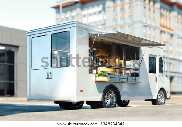 White food truck with detailed interior on\
street. Takeaway. 3d\
rendering.