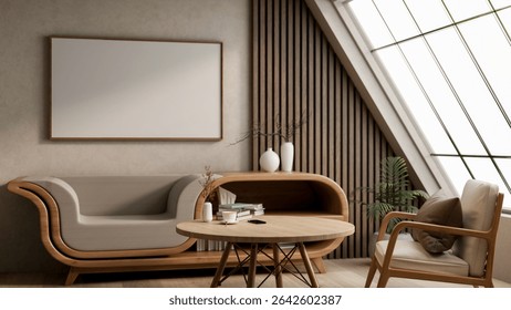 White frame hanging over a multifunctional wooden armchair and round table in an attic living room. Working or Study, 3d Rendering, 3d illustration.