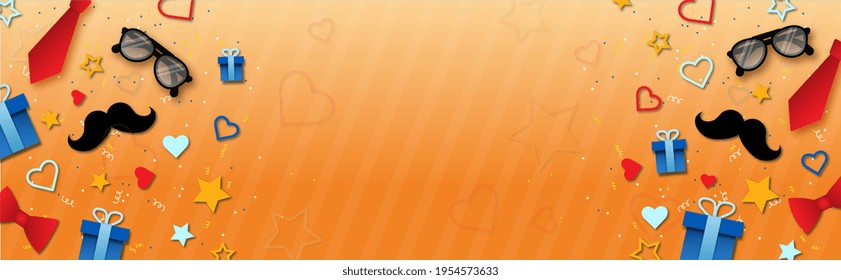 white frame on orange background with space for text, congratulations to men on the occasion of birthday, Father's Day and others. On the orange background stars, hearts, mustaches, glasses and more. - Powered by Shutterstock