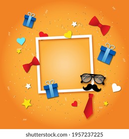 white frame on orange background with space for text, congratulations to men on the occasion of birthday, Father's Day and others. On the orange background stars, hearts, mustaches, glasses and more. - Powered by Shutterstock