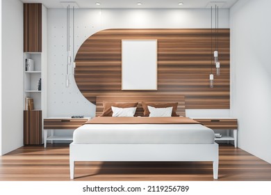 White framed poster on wall, wooden bedroom modern interior comfortable bed. Concept of modern life. Mockup. 3d rendering.