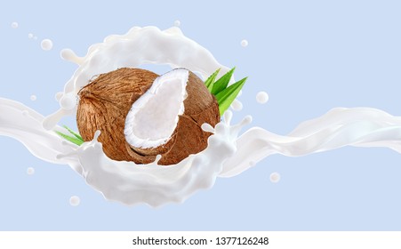 White Fresh Coconut Milk Wave Splash With Coconuts Isolated. Glossy Shining Milk, Healthy Coconut Milk, Cream, Shampoo, Cosmetic Soap Splash. Liquid Splash Label Ads Design Element. Clipping Path. 3D