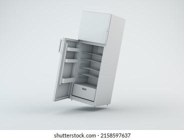 White Fridge Open And Empty On A Studio Background. Minimal Concept. Monochrome. 3D Render.