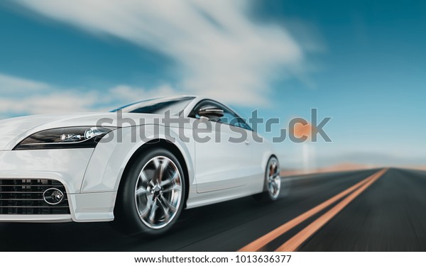 White front cars running on the road. 3d\
rendering and\
illustration.