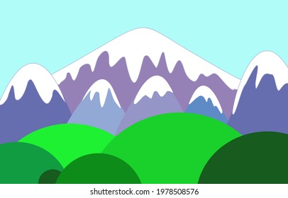 White Frosty Snow Capped Purple Mountain Range Peaks In Cartoon Animated Fantasy Scene, Blank No People Under Clear Cloudless Light Blue Sky Behind Multiple Rolling Hills In Different Shades Of Green