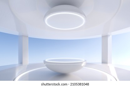 White Futuristic Background And Empty Stage Or Podium.  Future Modern Interior Concept. Platform For Design. 3d Rendering