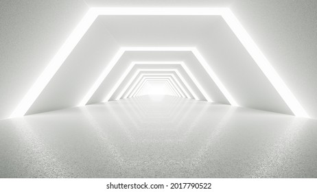 White Futuristic Tunnel Leading To Light. Modern Style Abstract 3d Rendered Background.