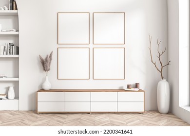 White Gallery Room Interior With Sideboard With Art Decoration, Loft Shelf And Vase With Branch In The Corner On Hardwood Floor. Four Square Mock Up Posters In Row. 3D Rendering