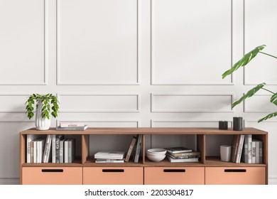 White Gallery Room Interior With Sideboard And Books With Decoration, Modern Exhibition Space With Copy Space Molding Wall. 3D Rendering