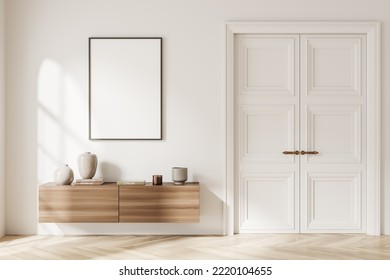 White Gallery Room Interior With Wooden Dresser And Minimalist Decoration, Front View. Door Molding And Hardwood Floor. Mock Up Canvas Poster. 3D Rendering