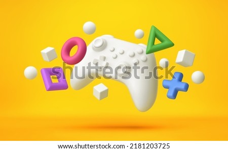 White gamepad, game controller flying over yellow background. Video game concept 3D rendering
