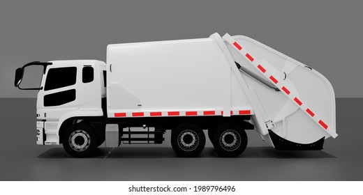 White Garbage Truck Isolated In Dark Background. 3d Render Illustration. Concept For City Clean; Garbage Collect; Rubbish; Municipal Work; Enviroment Care.