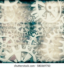 White gears and cogs macro on black background. 3D