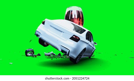 White Generic 3d Car Crashes Into Alcholol Bottle. Sober Driver Concept. 3d Render.