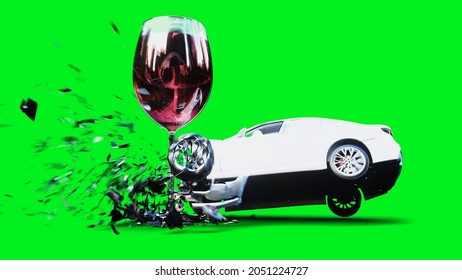 White Generic 3d Car Crashes Into Alcholol Bottle. Sober Driver Concept. 3d Render.