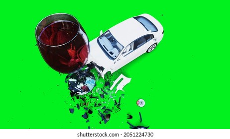 White Generic 3d Car Crashes Into Alcholol Bottle. Sober Driver Concept. 3d Render.