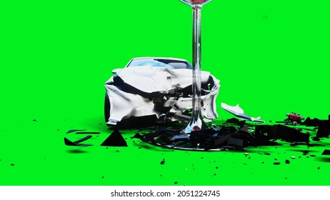 White Generic 3d Car Crashes Into Alcholol Bottle. Sober Driver Concept. 3d Render.