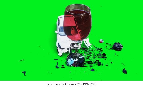 White Generic 3d Car Crashes Into Alcholol Bottle. Sober Driver Concept. 3d Render.