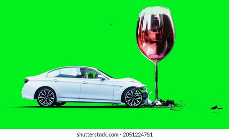 White Generic 3d Car Crashes Into Alcholol Bottle. Sober Driver Concept. 3d Render.