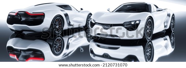 White generic sports car panoramic showing the front\
and back of the\
car