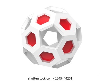 White Geometric Bucky Ball With Red Details - 3D Illustration