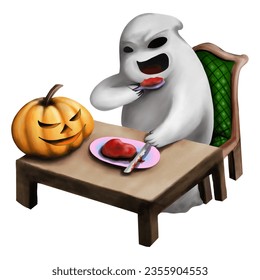 White ghost eat meat on table with pumpkin isolated on transparent background. character for halloween.