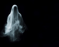 White Ghost On Black Background, Copy Space, Illustration 