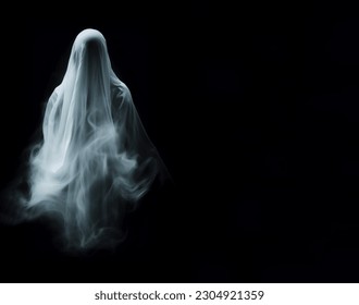 Fantasma blanco sobre fondo negro, espacio de copia, ilustración 