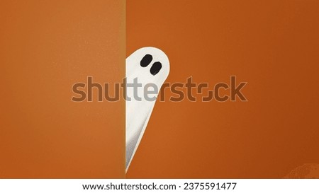 White ghost peeks out from behind wall. Cute ghost peeping Halloween background, place for text, template. 3d render